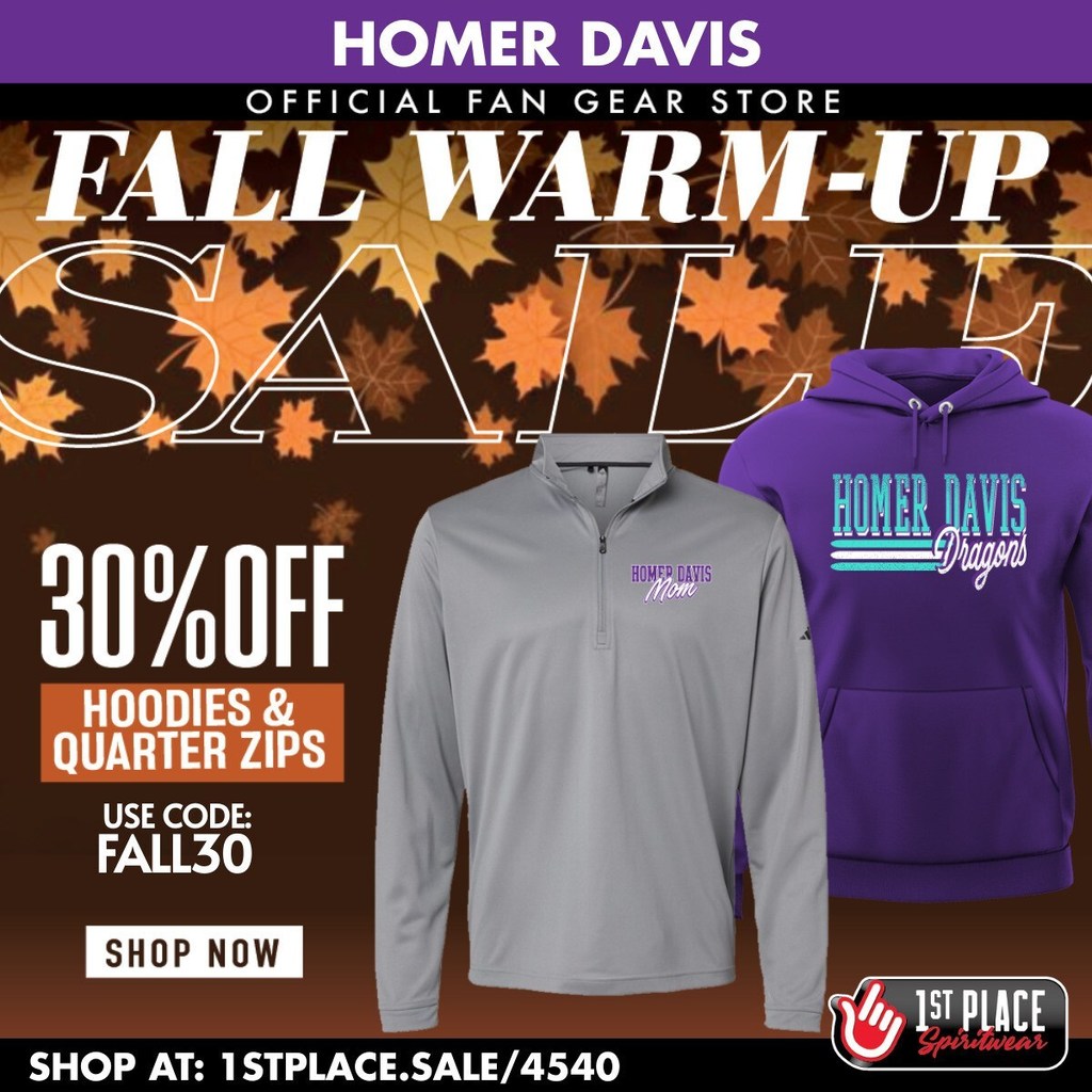 Homer Davis Fall Warm-Up Sale advertisement showing a gray quarter zip and a purple hoodie, with 30% off promotion and shopping link.