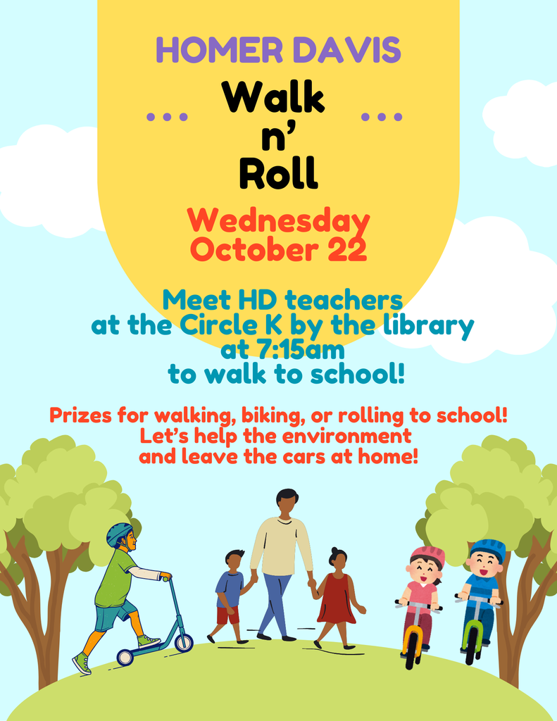 Flyer promoting a school Walk n’ Roll event with bright colors and cartoon images of kids and families walking, biking, and scootering. Event details include meeting teachers at Circle K on October 22 at 7:15am and prizes for participating.