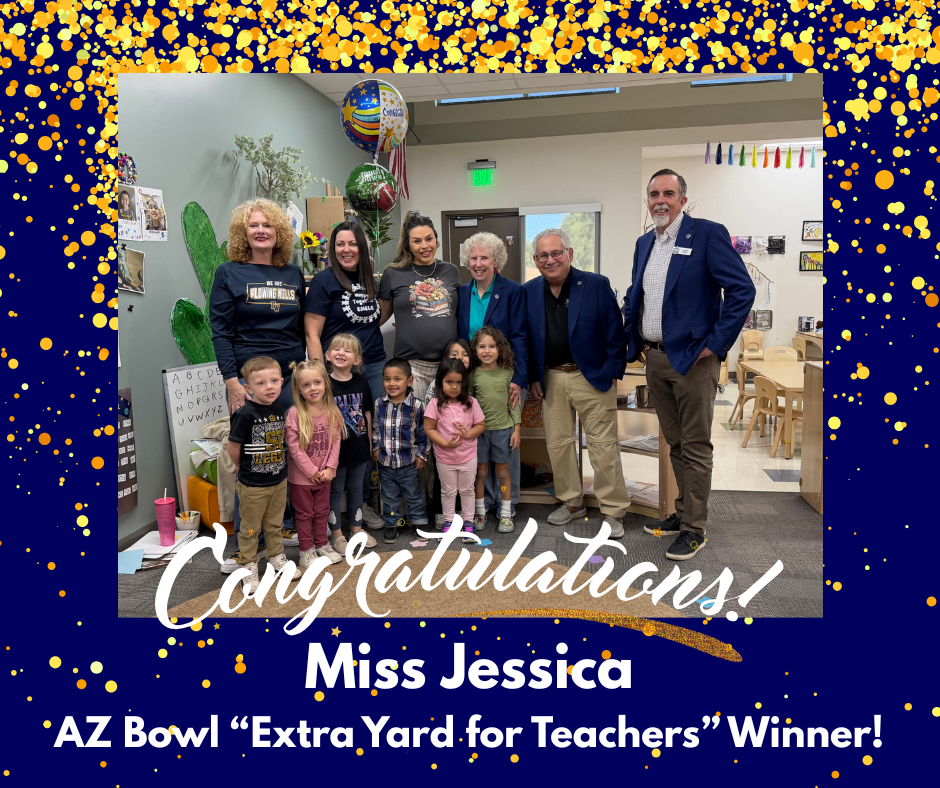 Blue background with gold glitter, photo in the center of teacher and other adults with a few preschoolers smiliing.