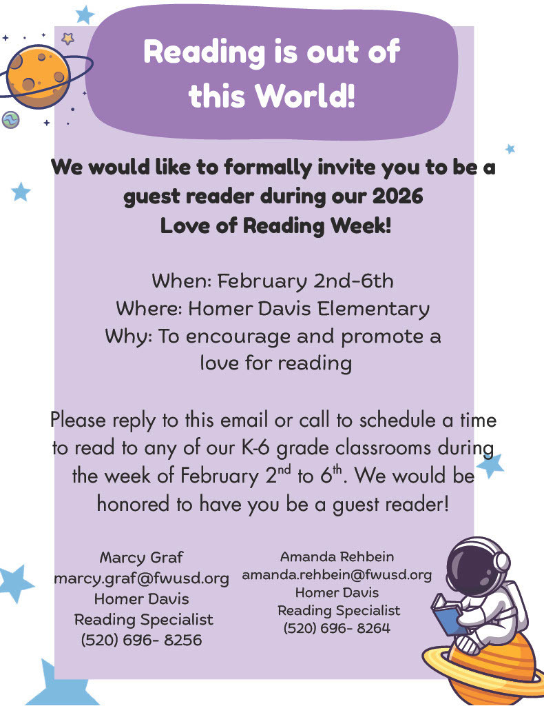 Purple flyer inviting community members to be guest readers for Love of Reading Week, February 2–6, 2026, at Homer Davis Elementary, featuring space-themed graphics and contact information for reading specialists.
