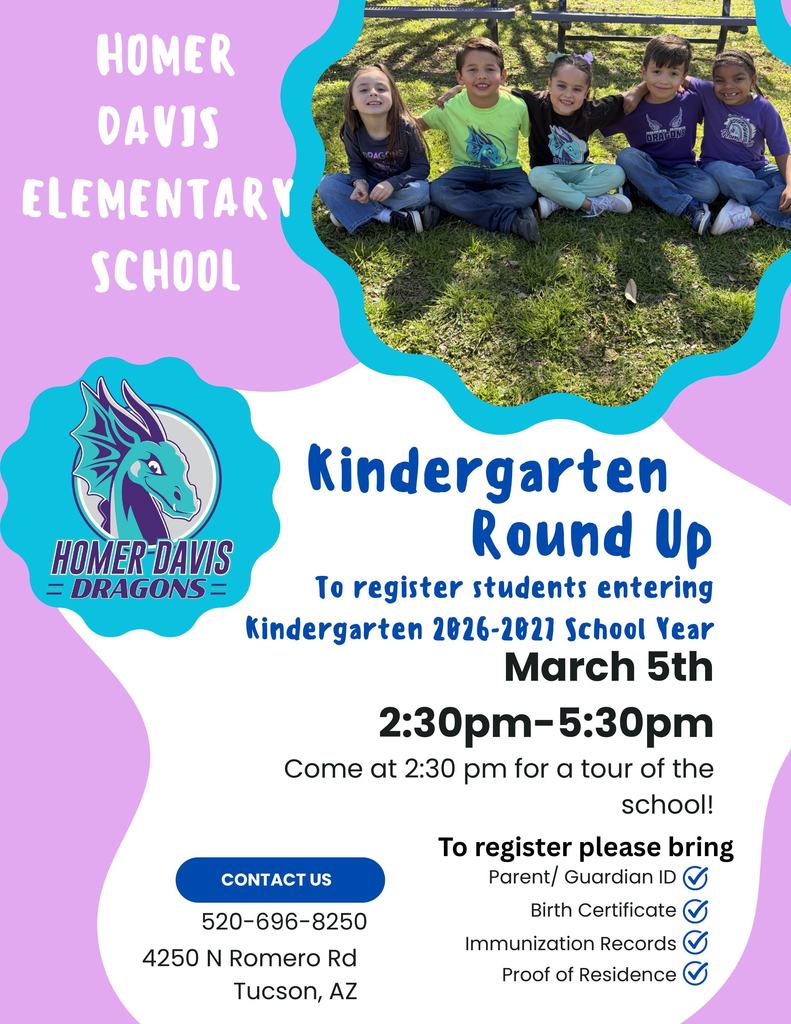 Colorful flyer for Homer Davis Elementary Kindergarten Round Up with smiling children sitting together outdoors.