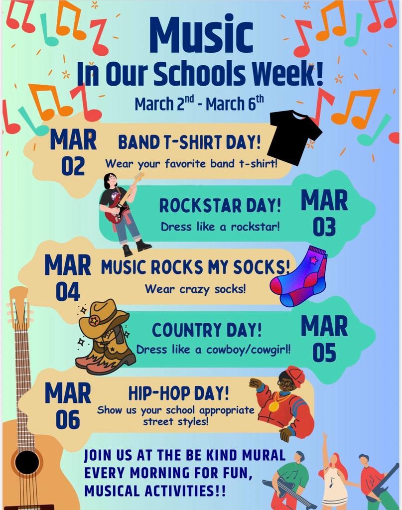 Colorful flyer listing daily dress-up themes for Music in Our Schools Week, March 2–6.