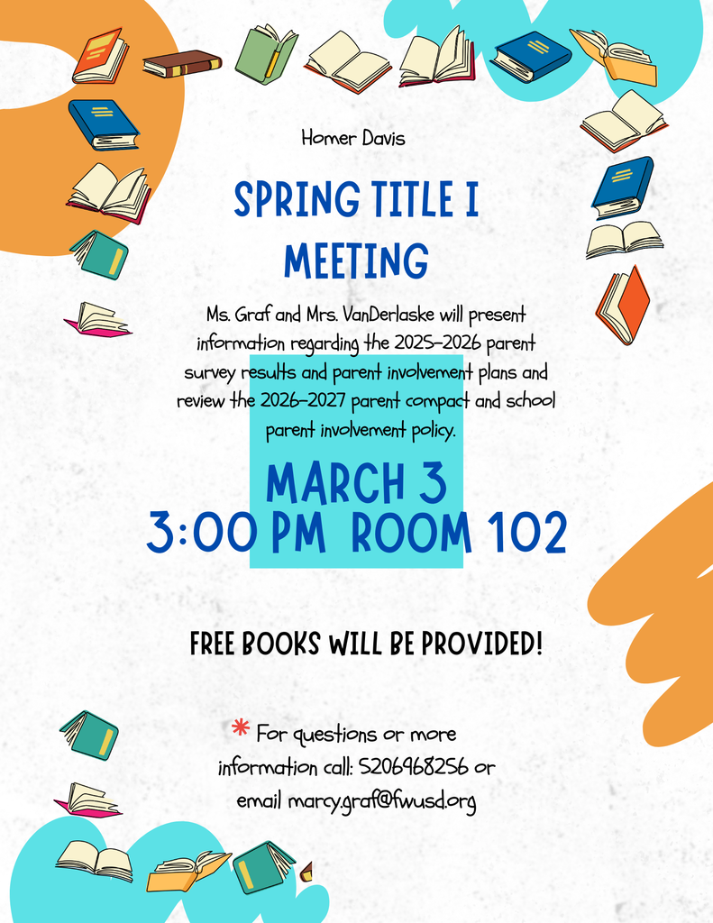 Flyer announcing a Spring Title I Meeting on March 3 at 3:00 PM in Room 102, with books illustrated around the border.