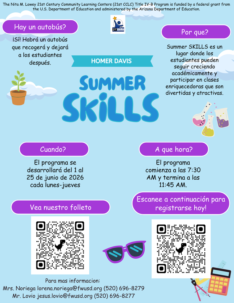 Folleto del programa Summer SKILLS de Homer Davis con fechas del 1 al 25 de junio, lunes a jueves de 7:30 a 11:45 AM, transporte en autobús disponible y códigos QR para el folleto y registro.