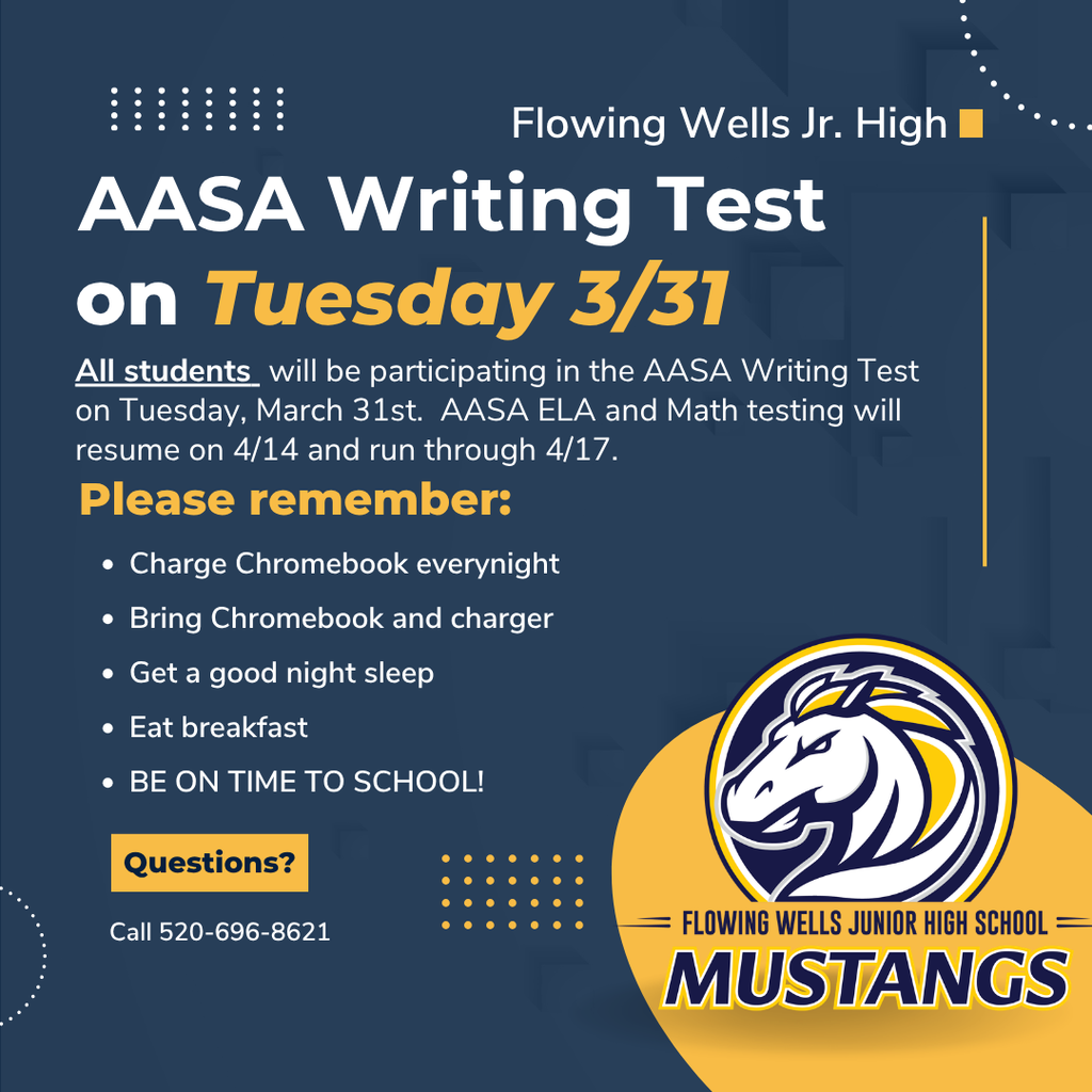 Writing test on Tuesday, 3/31, for all students. Come prepared with a charged Chromebook, get a good nights sleep, and have a good breakfast.