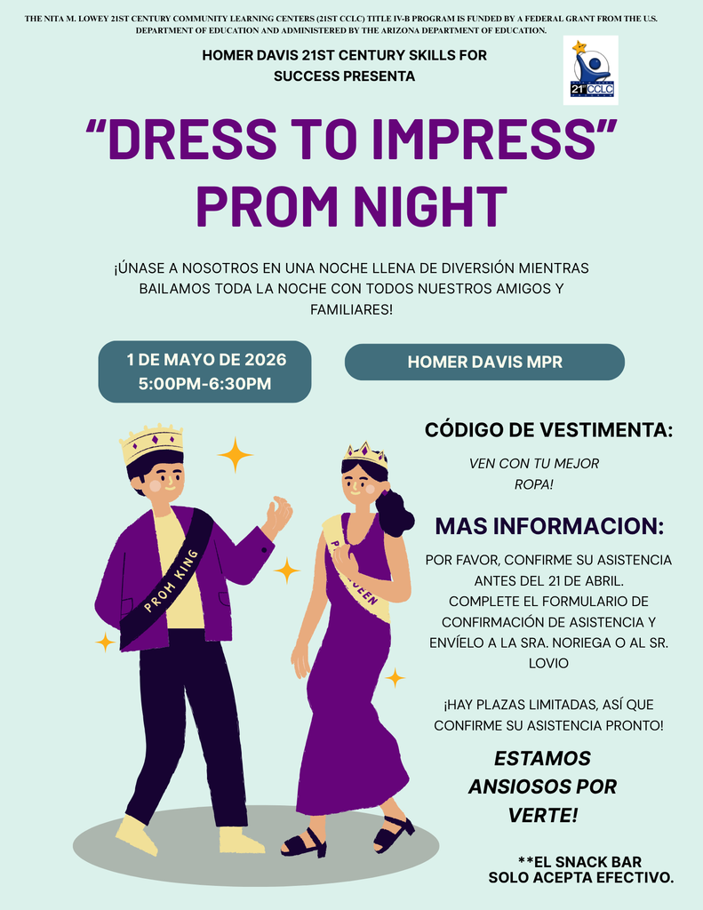Flyer for a “Dress to Impress” prom night at Homer Davis with date, time, dress code, and RSVP details, featuring illustrated students dressed as prom king and queen.