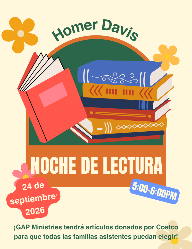 Noche de Lectura Familiar en Homer Davis el 24 de septiembre, de 5:00 a 6:00 PM, con artículos donados por GAP Ministries.