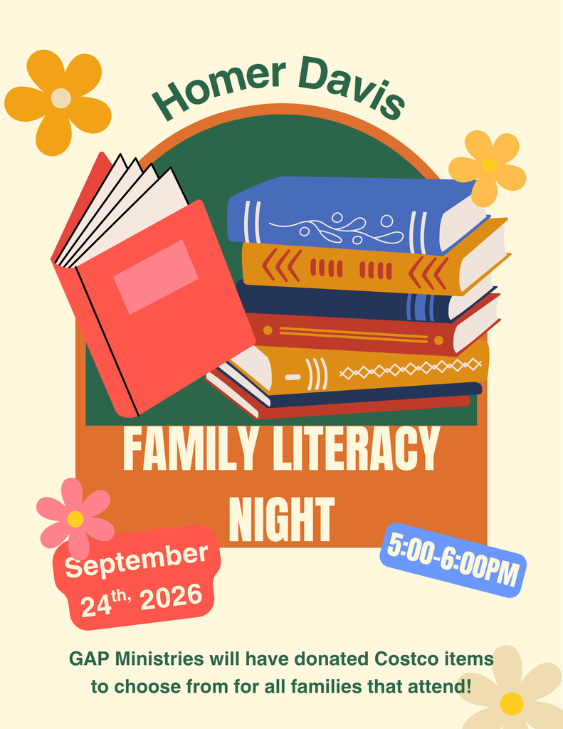 Family Literacy Night at Homer Davis on September 24, 5:00–6:00 PM, with donated items from GAP Ministries.