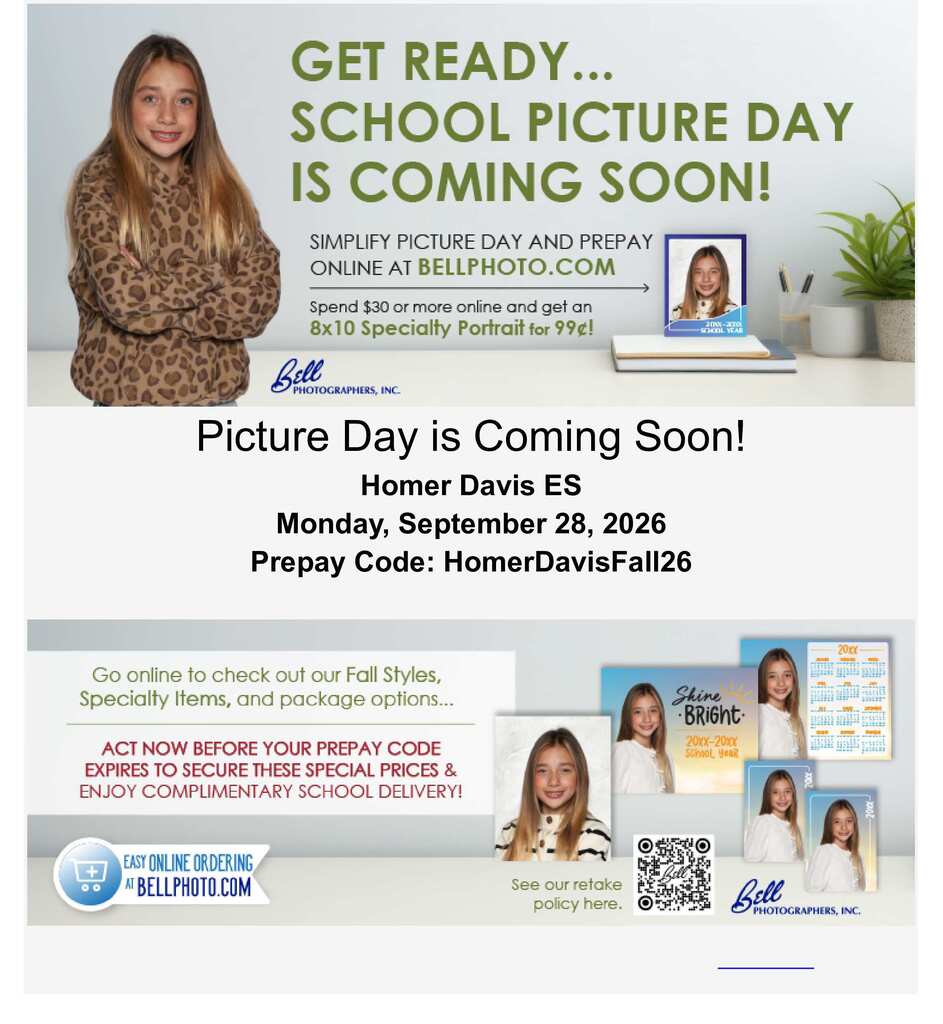 Picture Day flyer featuring Bell Photography with information for Homer Davis Elementary School’s Picture Day on Monday, September 28, 2026, including online preordering details and the prepay code HomerDavisFall26.
