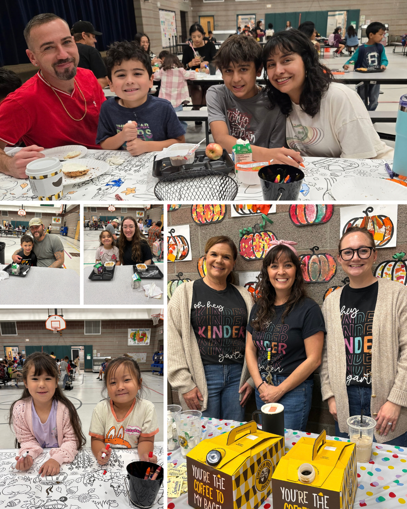 Collage of photos from Hendricks Elementary’s Kindergarten Parent Breakfast, showing kindergarten students enjoying breakfast and coloring with their families in the school cafeteria, along with staff members serving coffee and welcoming families.