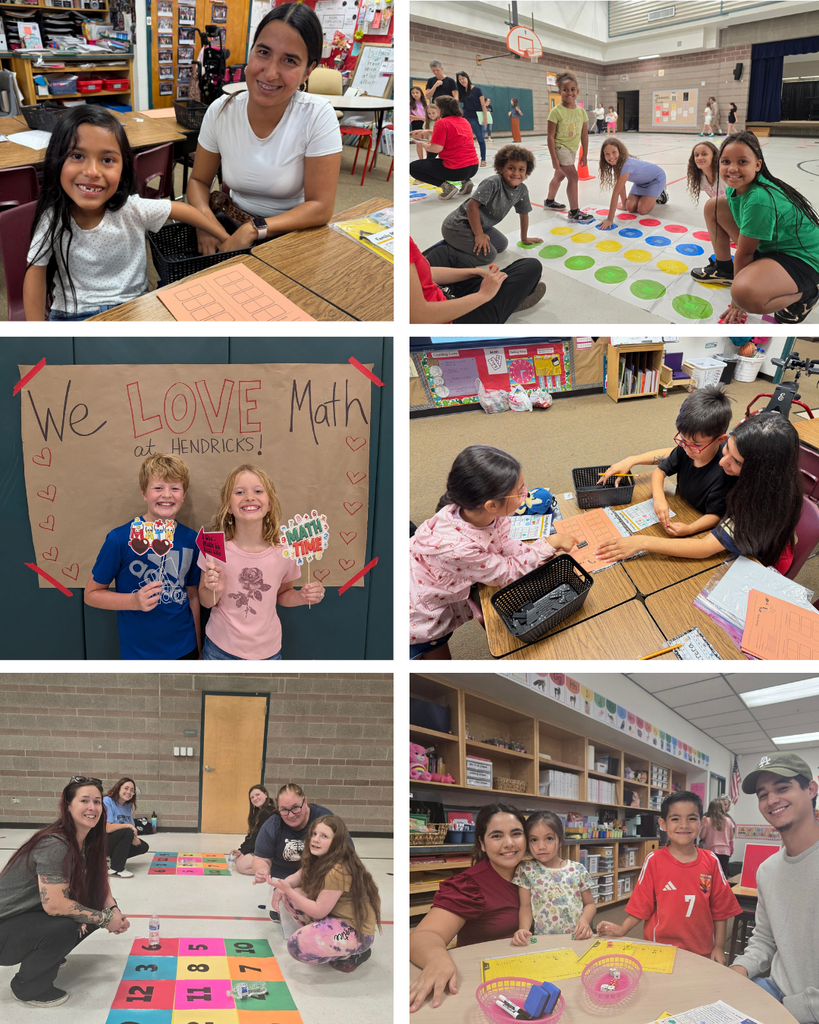 Collage of photos from Hendricks Elementary’s Family Math Night, showing students and families working together on hands-on math games and activities in classrooms and the gym. Photos include students playing a colorful floor game, solving math activities at tables, and posing in front of a “We LOVE Math at Hendricks!” sign.