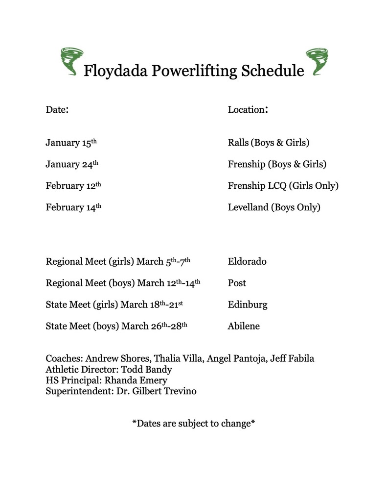 Floydada Powerlifting Schedule '26