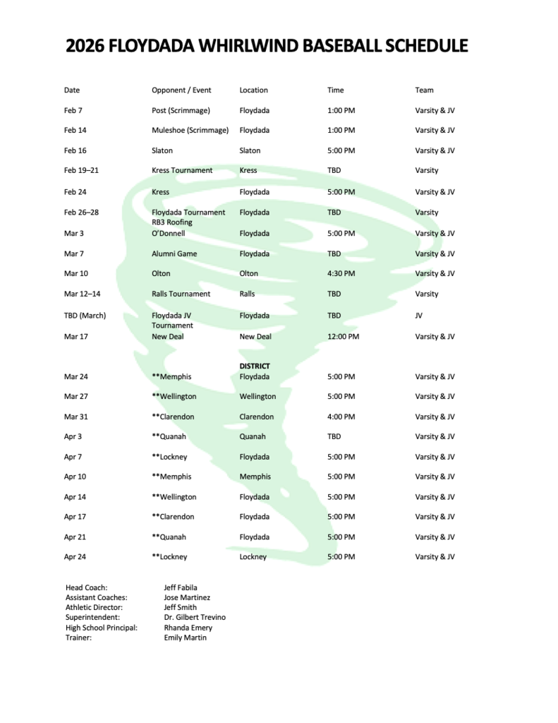 2026 Floydada Whirlwind Baseball Schedule
