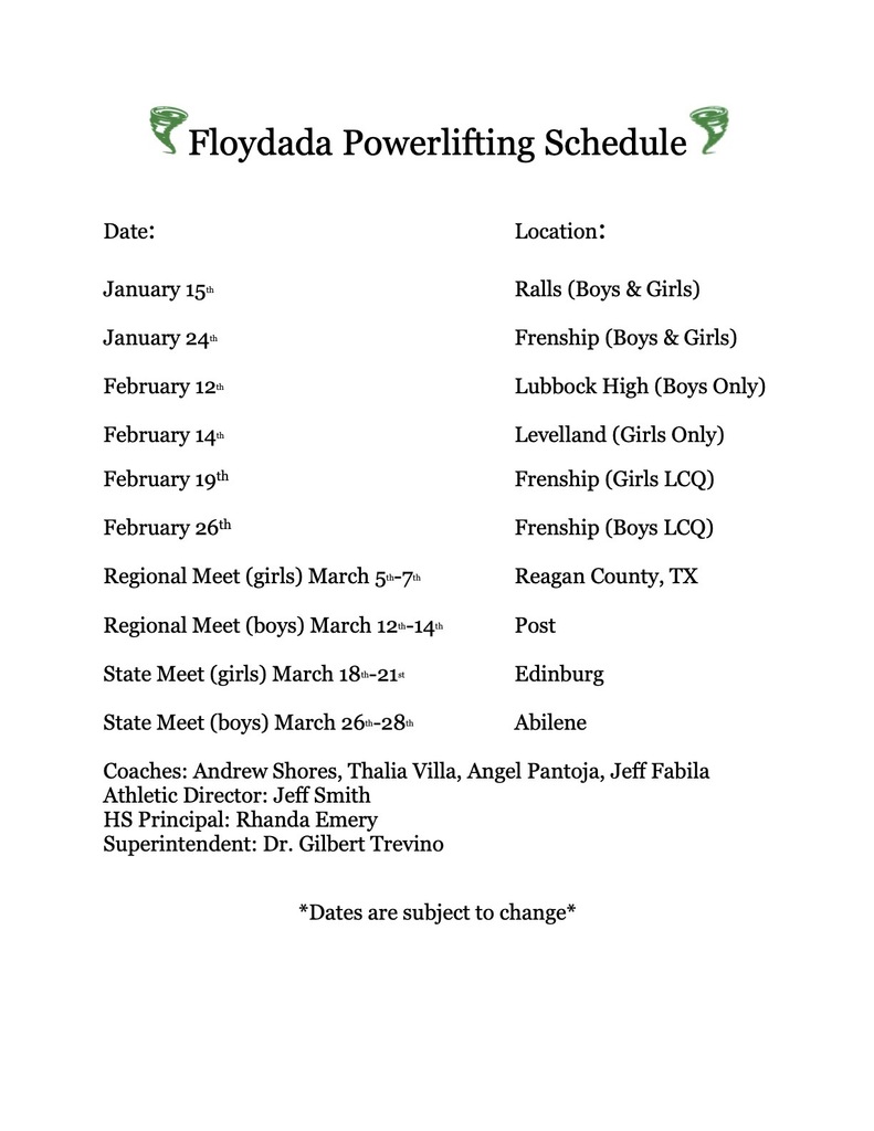 Floydada Powerlifting Schedule '26