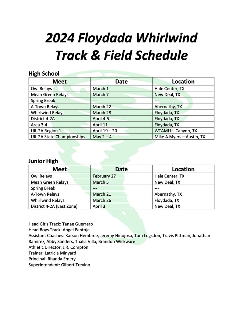 Whirlwind Track Schedule