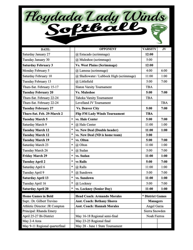 Lady Winds Softball Schedule