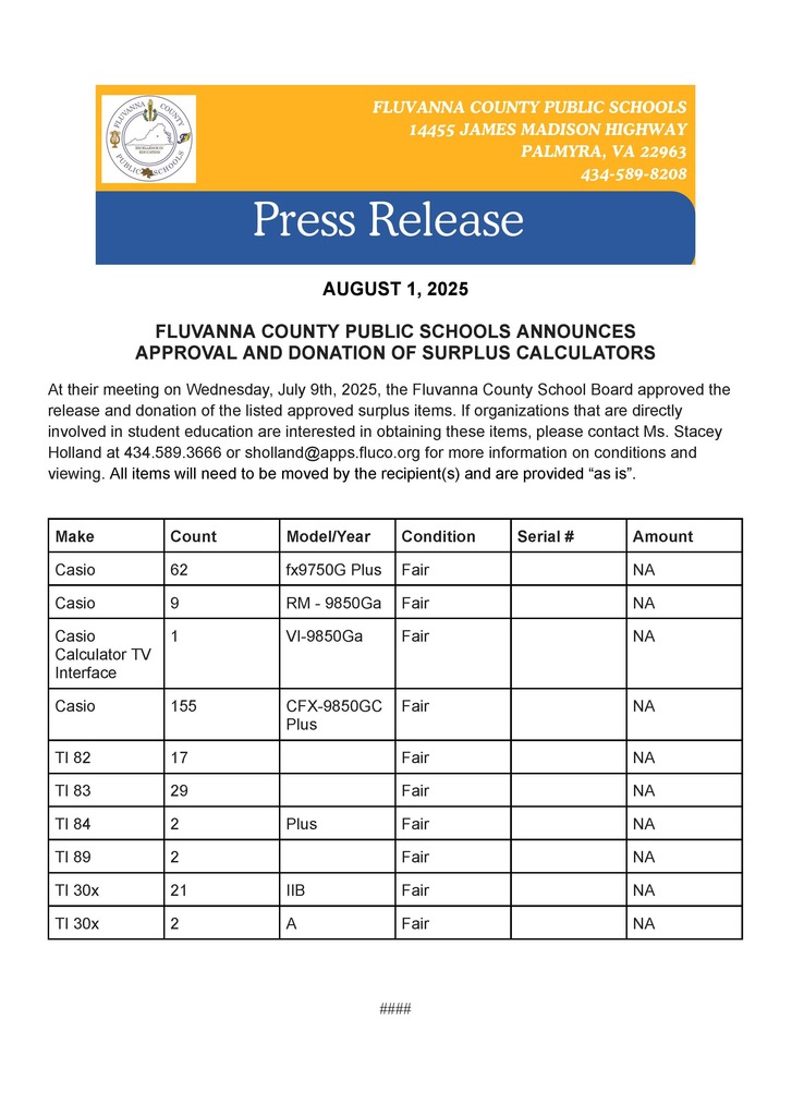 FCHS Surplus Calculators, 2025 - Press Release