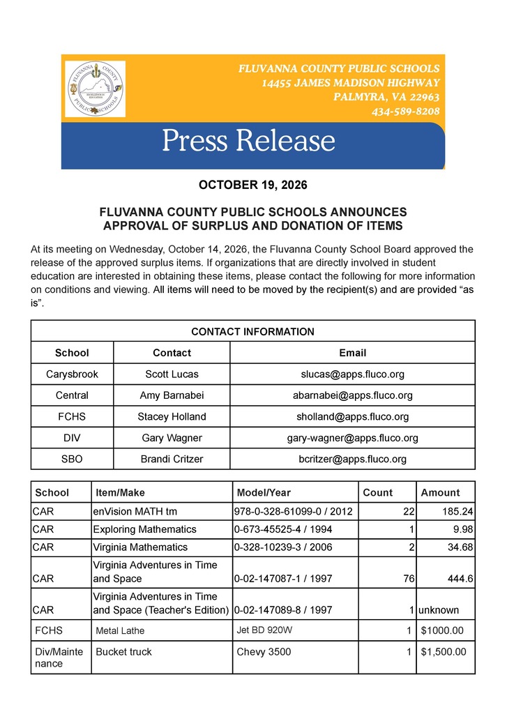 At its meeting on Wednesday, October 14, 2026, the Fluvanna County School Board approved the release of the approved surplus items. If organizations that are directly involved in student education are interested in obtaining these items, please contact the following for more information on conditions and viewing. All items will need to be moved by the recipient(s) and are provided “as is”. 