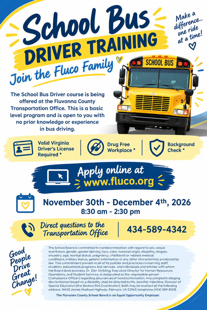 School Bus Driver Training on November 30-December 4, 2026. Call 434-589-4342 for more information.