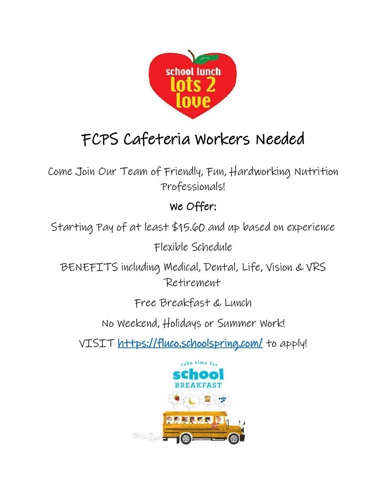 FCPS Cafeteria Workers Needed. Apply at www.fluco.org