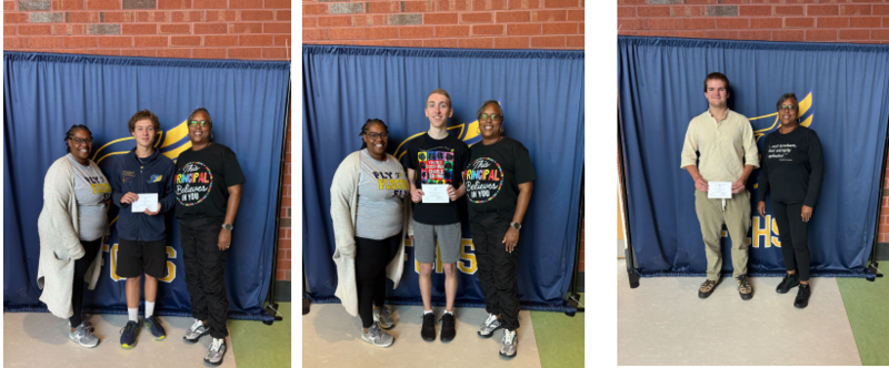 Fluvanna County High School Principal Mrs. Margo Bruce and Testing Coordinator Ms. Brittany Thornton stand with Jonah Frank, Nicholas Culbertson, and Marshall Vann, recognizing their outstanding academic performance on the PSAT/NMSQT taken during the 2025–2026 school year
