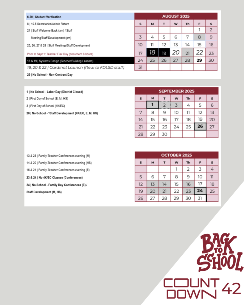 Back to School countdown is at 42 and the first three months of the school calendar are displayed in the graphic.