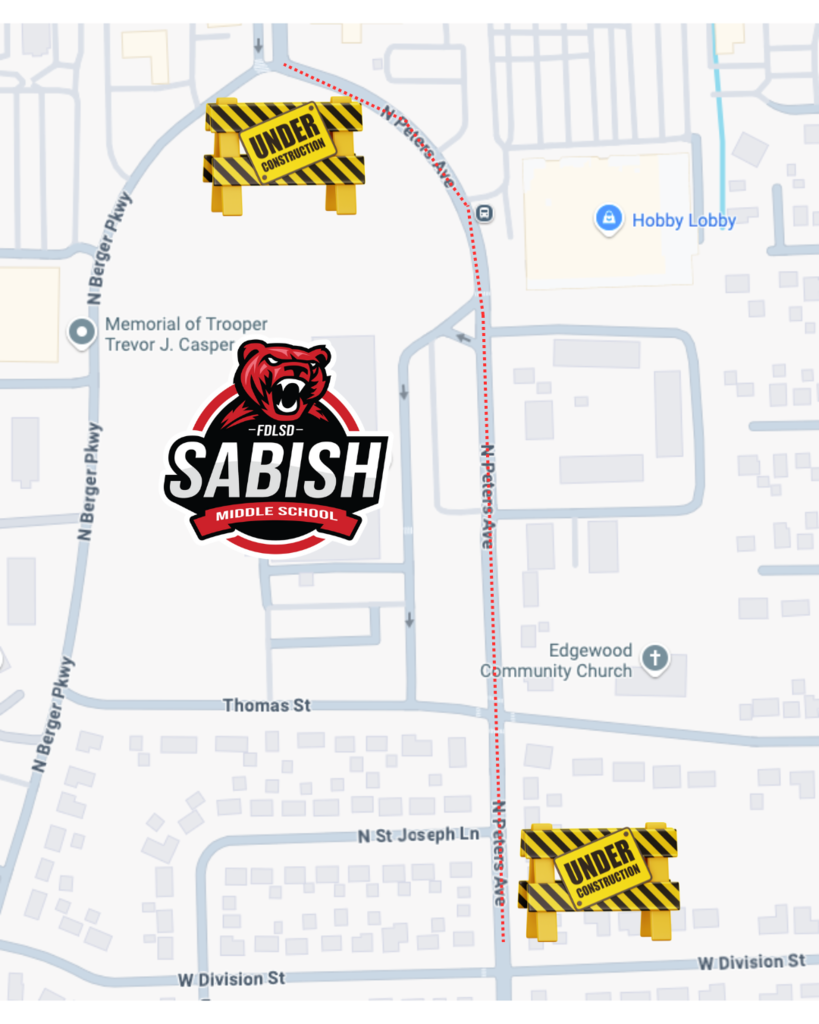 Map of construction around Sabish that impacts N Peters Ave