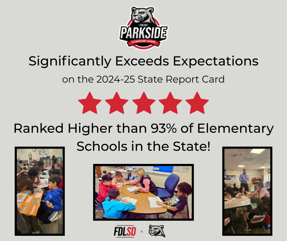 Parkside Significantly Exceeds Expectations on the 24-25 state report card, with four stars, ranked higher than 93% of Elementary Schools in the state!