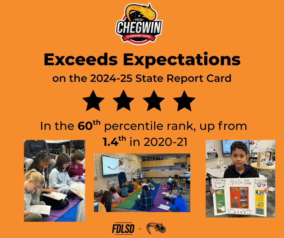 Exceeds Expectations on the 2024-25 State Report Card and is now in the 60th percentile rank, up from 1.4 in 2020-21, including pictures of students in the classroom.
