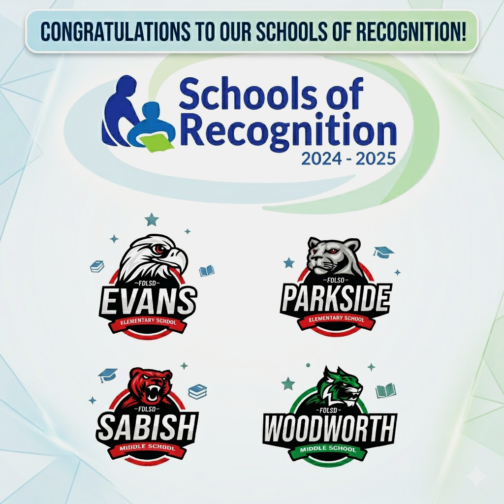 Evans, Parkside, Sabish, and Woodworth logos with Schools of Recognition celebration