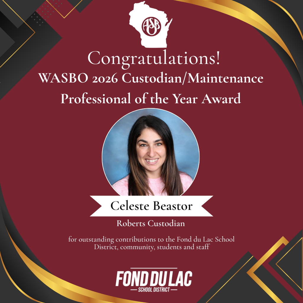 Award Recognition for Celeste Beastor, certificate style for WASBO 2026 Custodian/Maintenance Professional of the Year Award