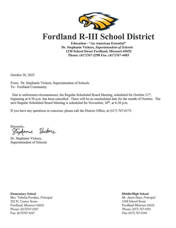 10/21 Board Meeting Cancellation