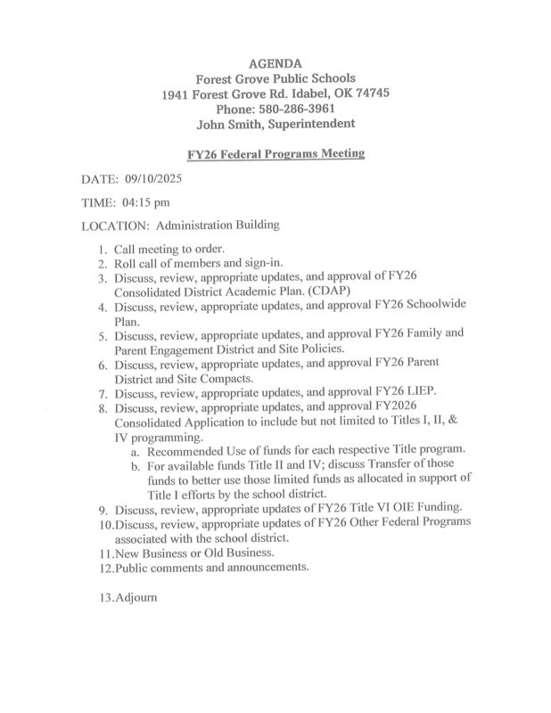 Federal Programs agenda for 9/10/2025 meeting.