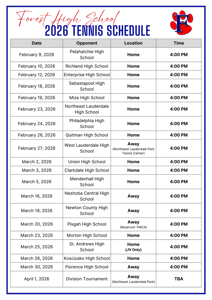 2026 Tennis Schedule
