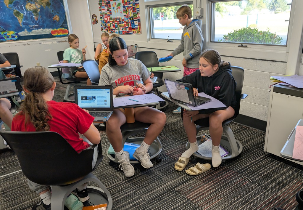 6th graders researching and making posters on how early humans (hominin) survived in their environment. 