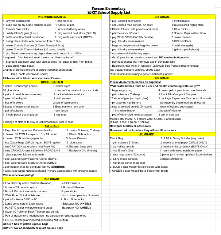 Elementary Supply List