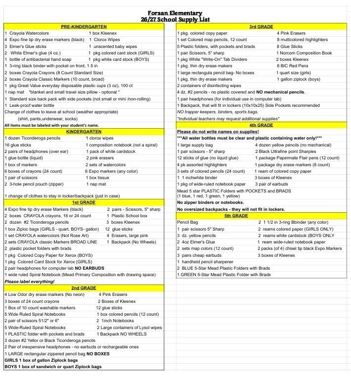 Elementary Supply List