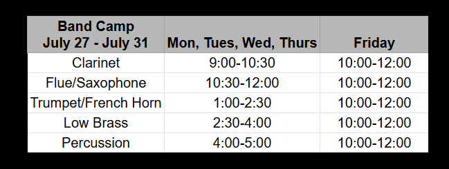 Band Camp Schedule