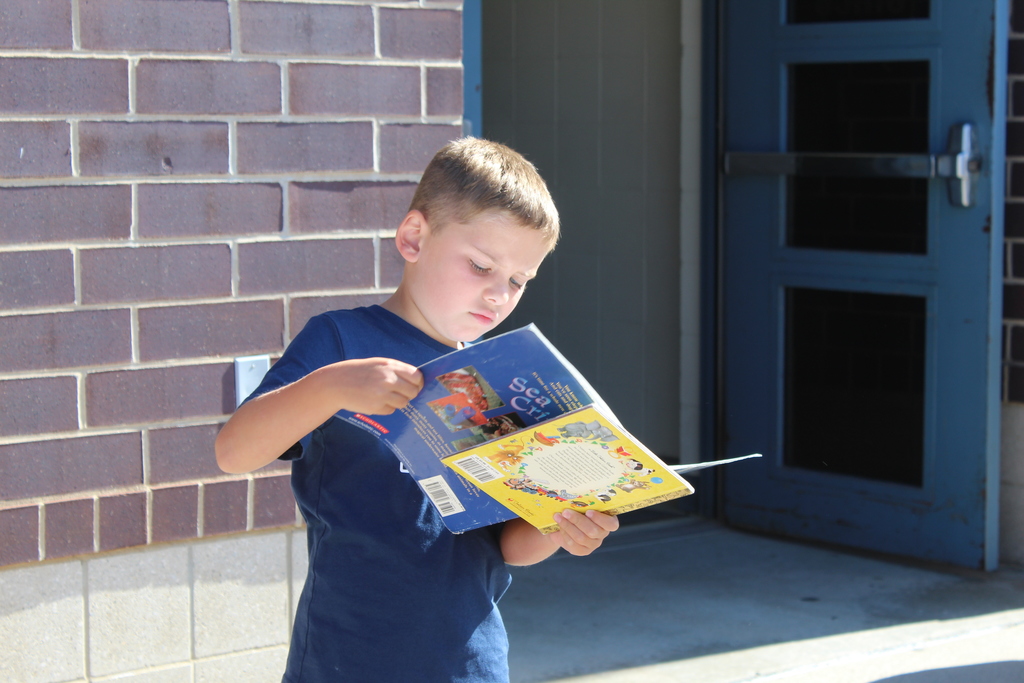 child looking at a book