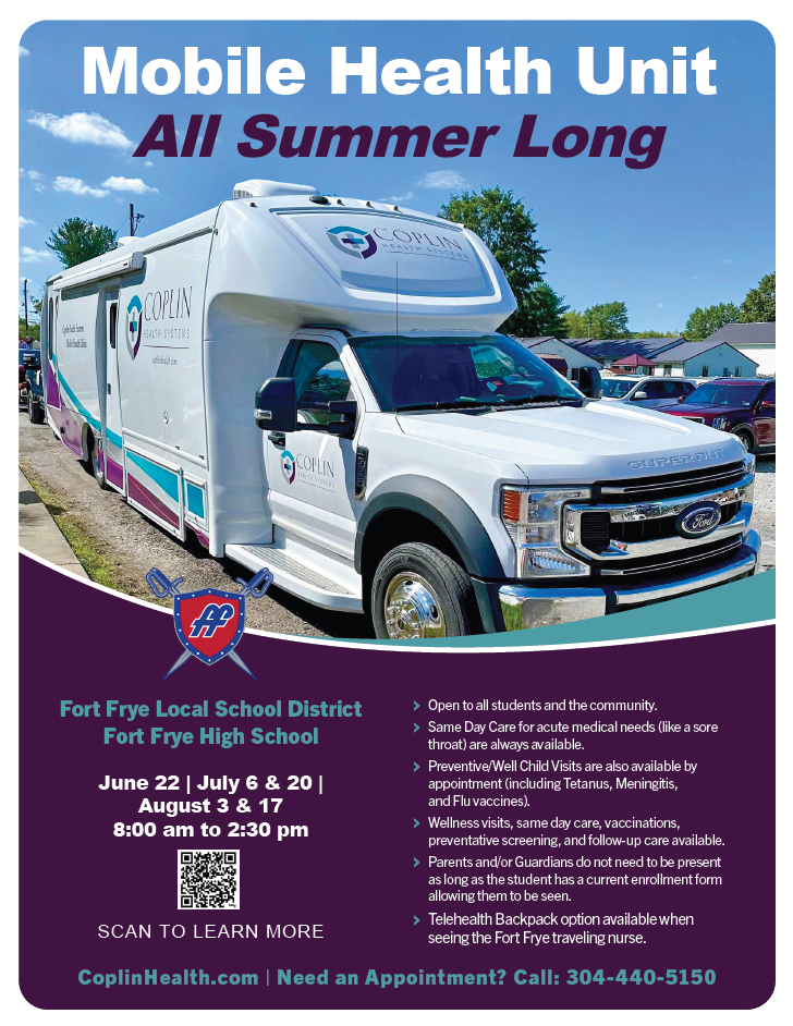 Flyer advertising Coplin Mobile Health unit onsite at Fort Frye High School
