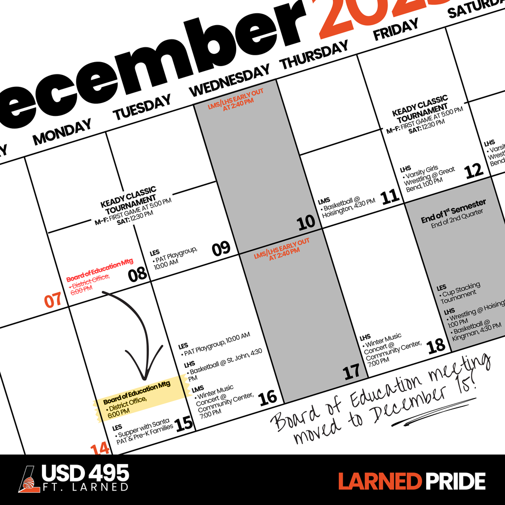 Board of Ed meeting for December was moved from Dec 8 to Dec 15