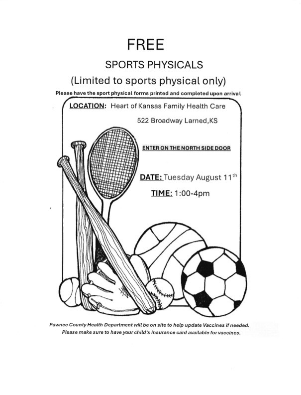 Heart of Kansas Sports Physicals are on August 11th from 1-4 p.m.  
