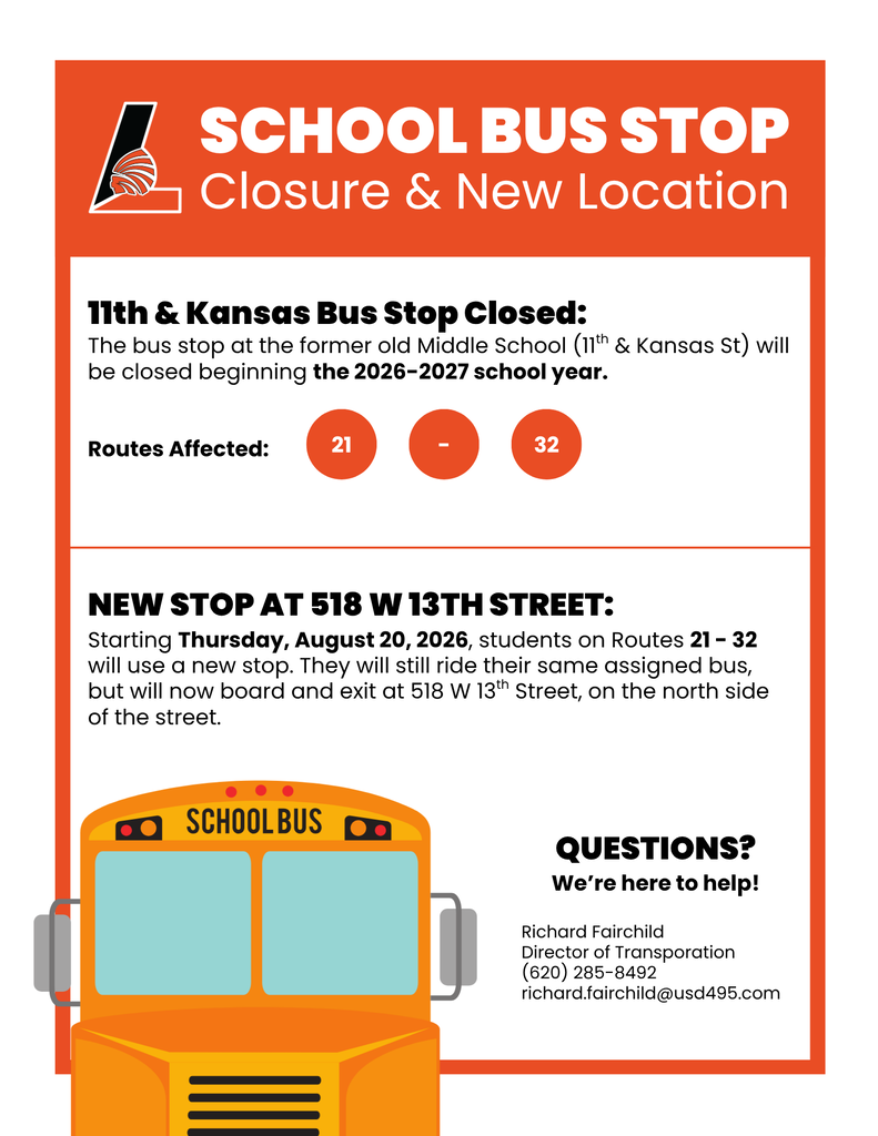 New school bus stop at 518 W 13th. The 11th & Kansas Bus stop has closed.
