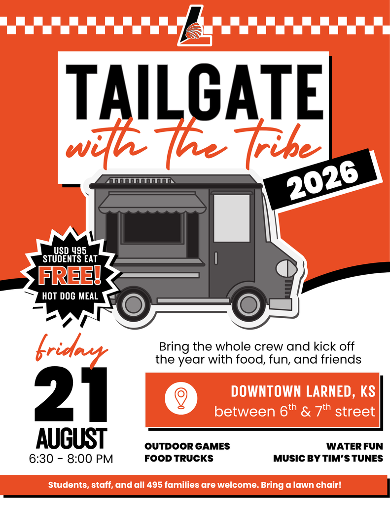 Tailgate with the tribe is August 21, 2026 from 6:30 to 8 p.m. downtown Larned.