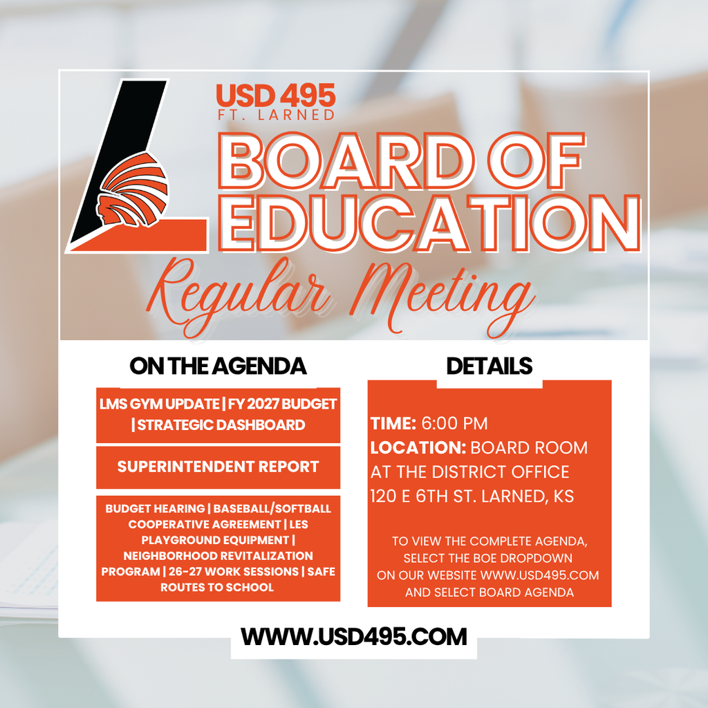 USD 495 Board of Education meeting is tonight, August 10th at 6 p.m. at the District Office.