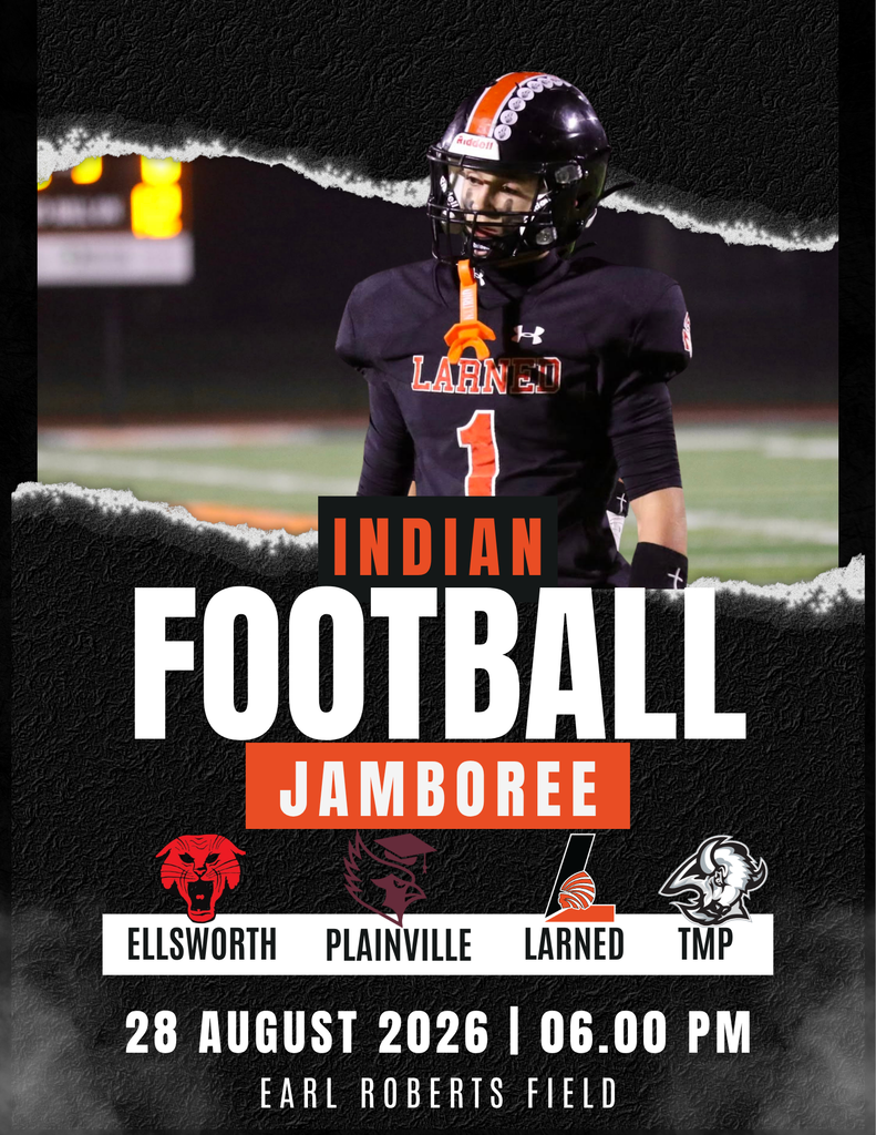 Event poster for Indian Football Jamboree on August 28, 2026 at 6:00 PM. Teams: Ellsworth, Plainville, Larned, TMP.
