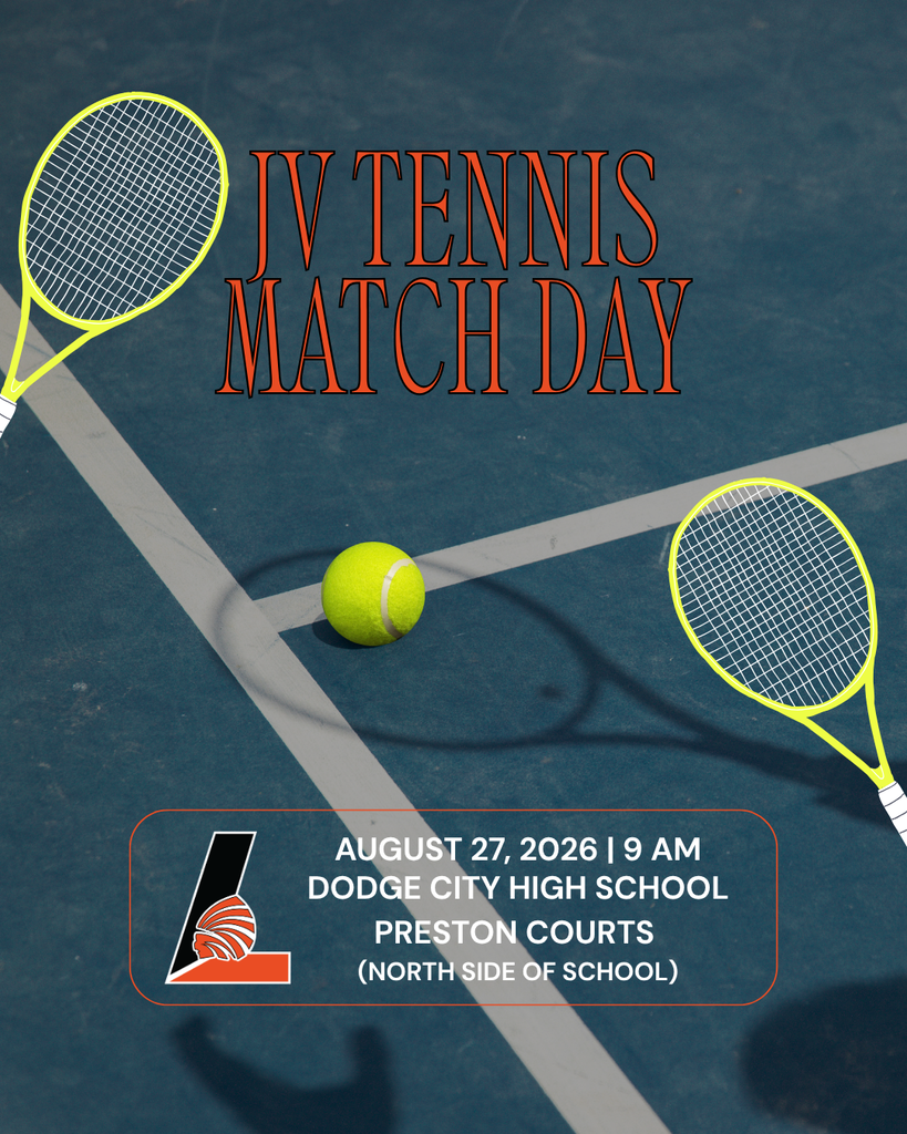 Tennis poster with tennis rackets, a ball, and text: "JV TENNIS MATCH DAY, August 27, 2026, 9 AM, Dodge City High School Preston Courts."
