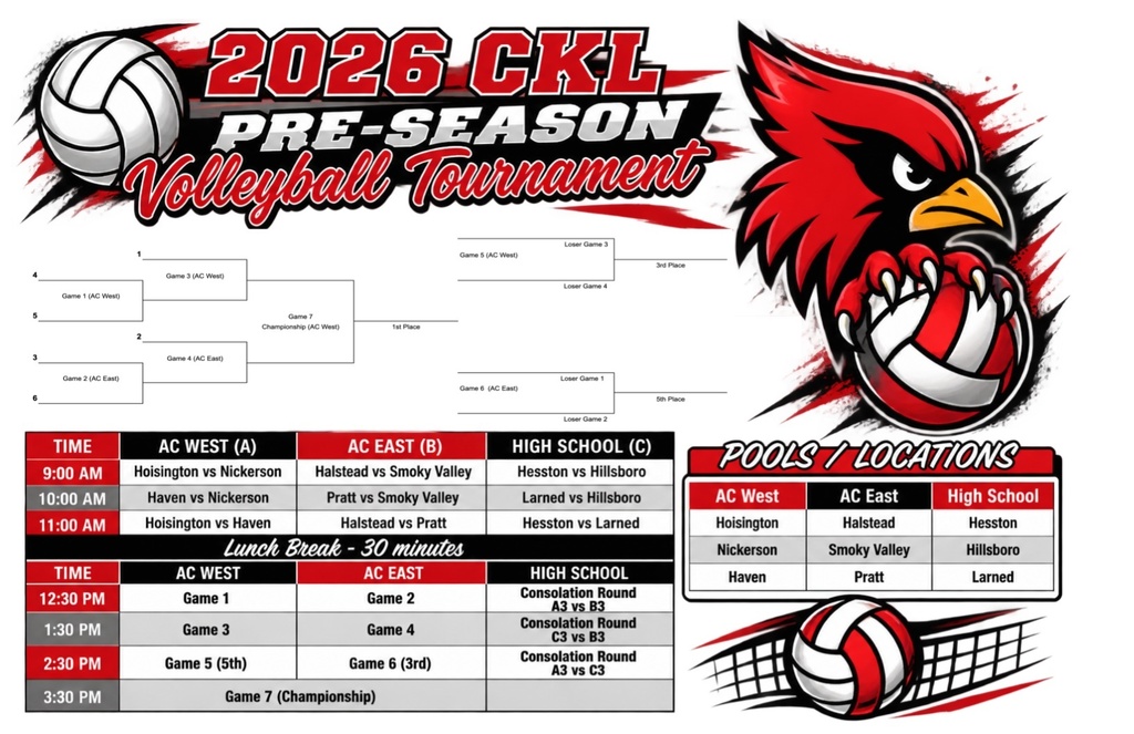 A tournament schedule for the 2026 CKL Pre-Season Volleyball Tournament includes team names, times, and locations.
