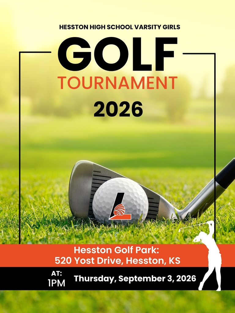 Poster for Hesston High School Varsity Girls Golf Tournament 2026 at Hesston Golf Park. Features a golf club, ball, and a silhouette of a golfer.