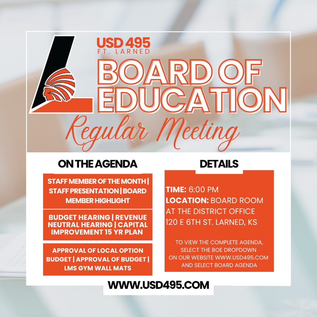 A flyer shows the agenda for a Board of Education meeting. It lists staff presentations, budget hearings, and approval of a local option budget.